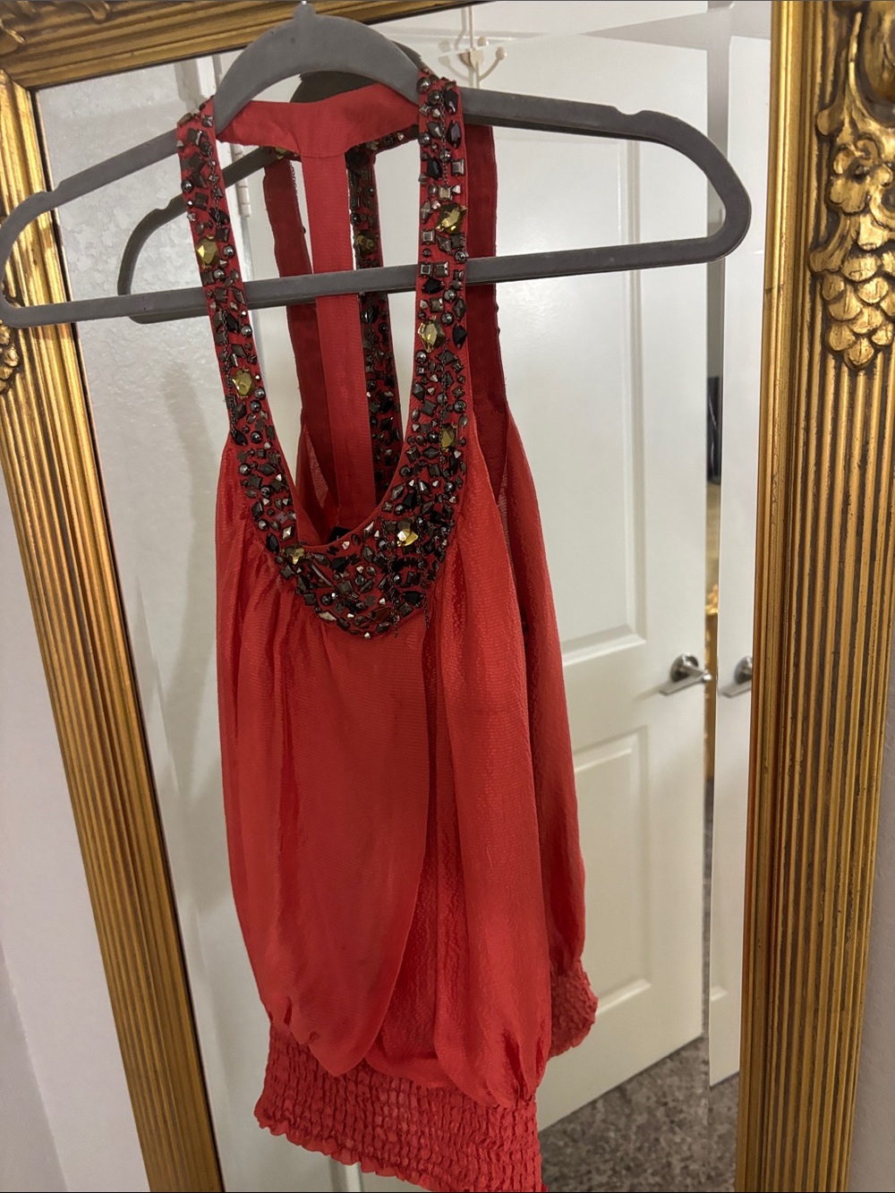 Bebe orange 100% silk jeweled halter top/tunic with racer back size medium